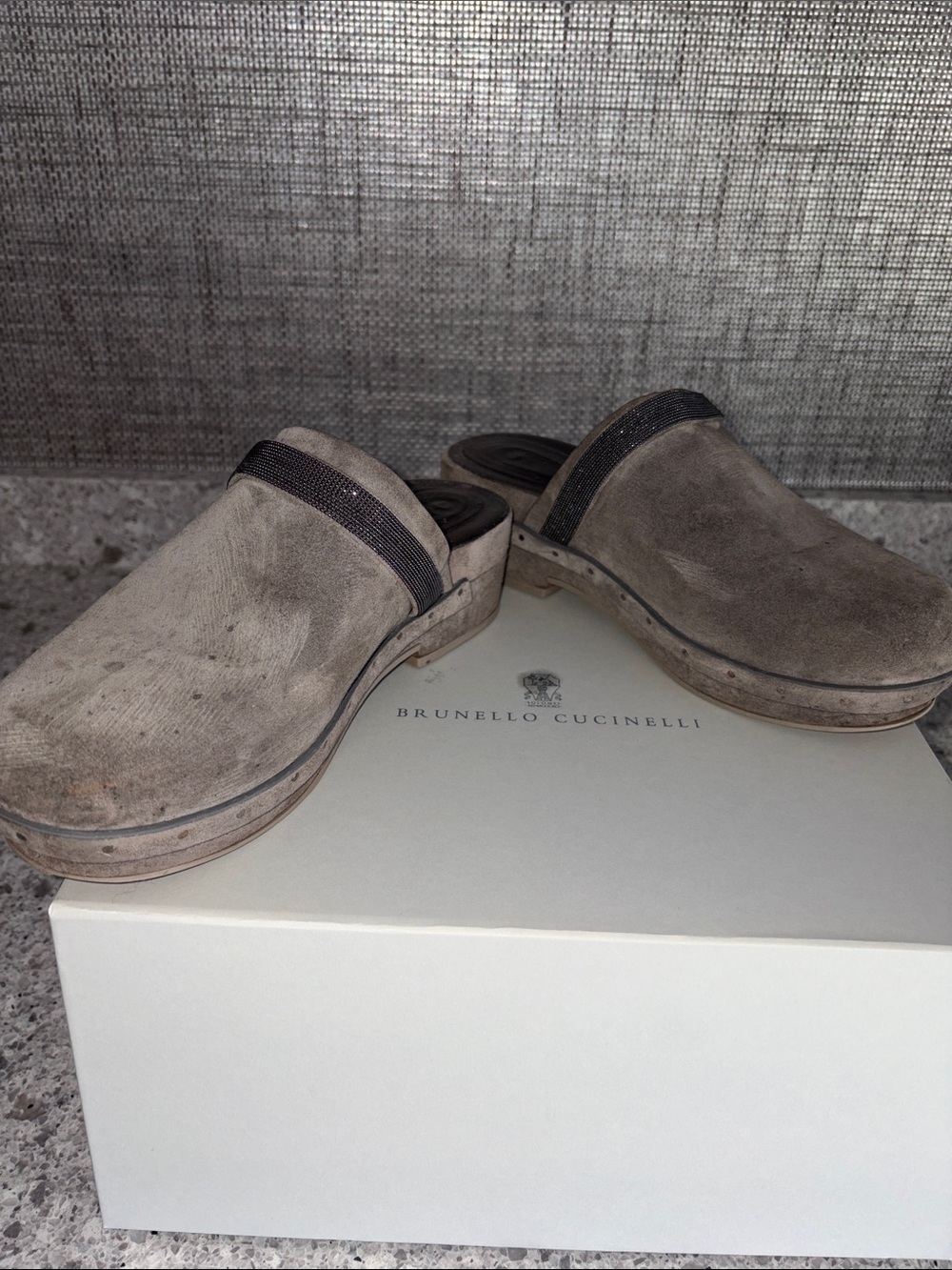 Brunello Cucinelli Taupe Suede Slip-On Clogs with Monili detailing